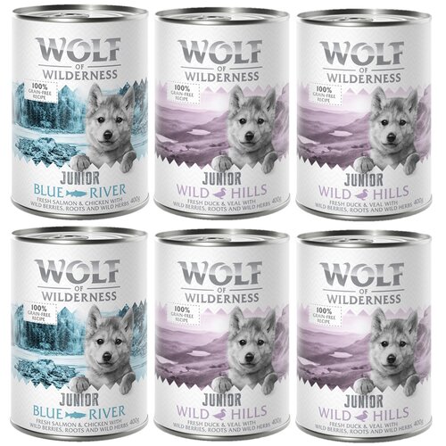 Wolf of Wilderness me&scaron;ano pakiranje - 6 x 400 g Junior miks: 4x raca & teletina, 2x pi&scaron;čanec & losos Cijene