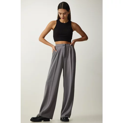 Happiness İstanbul Women's Gray Pleated Palazzo Trousers