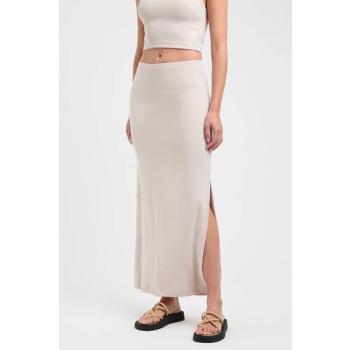 Madmext Beige Basic Women&amp;#039;s Long Skirt With Slit Detail Slike