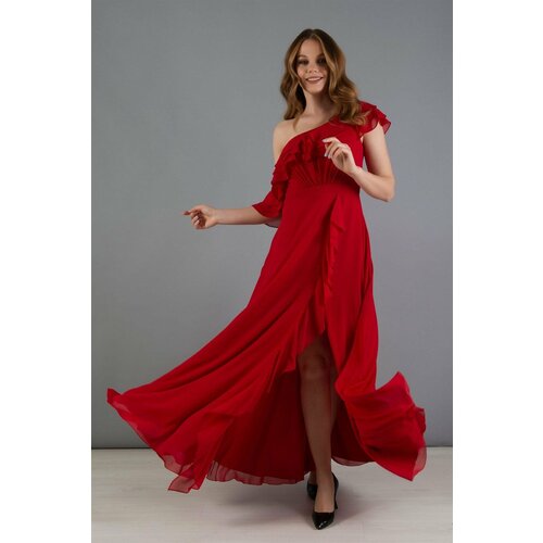 Carmen Red Chiffon Ruffled Shoulder Slit Evening Dress Slike