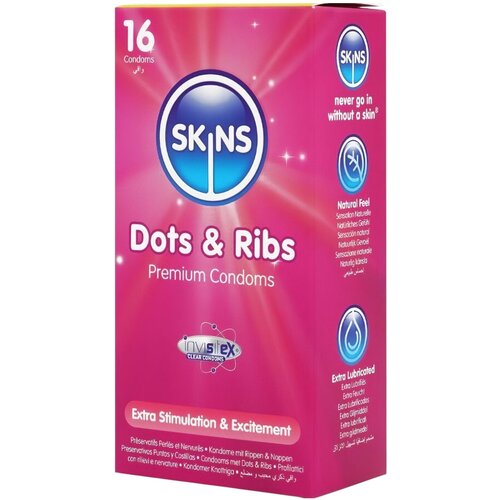 Skins - rebrasti in pikčasti kondomi (16 kosov) Slike