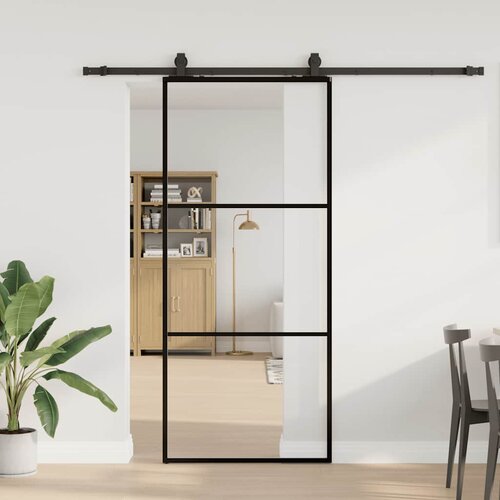 VidaXL Drsna vrata z opremo črna 90x205 cm ESG steklo Slike