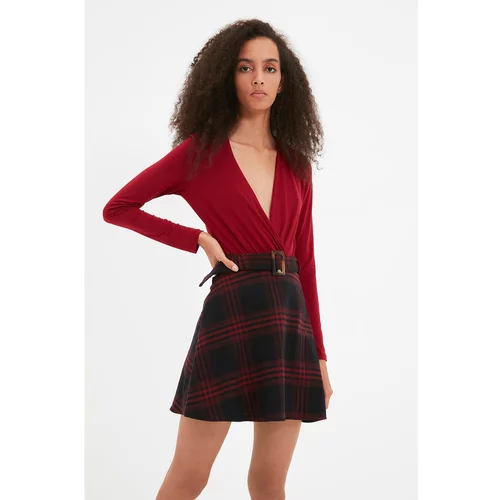 Trendyol Red Belted Plaid Skirt