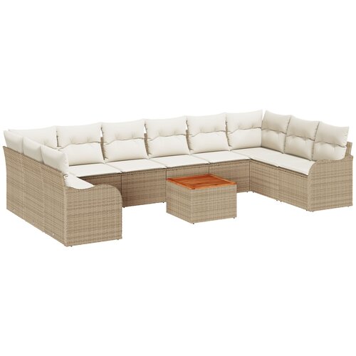 VidaXL 11-dijelni vrtni sofa set s jastučićima, bež poli ratan, akacija, 2-sjedala vrtna sofa s jastučićima, bež poli ratan Slike
