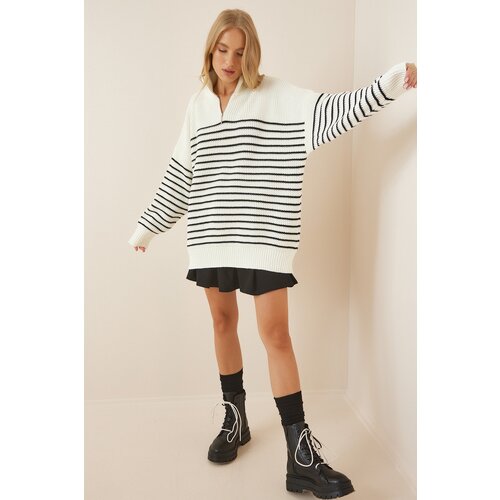  Women&amp;#039;s Ecru Black Zippered Stand Up Collar Striped Oversize Sweater Slike