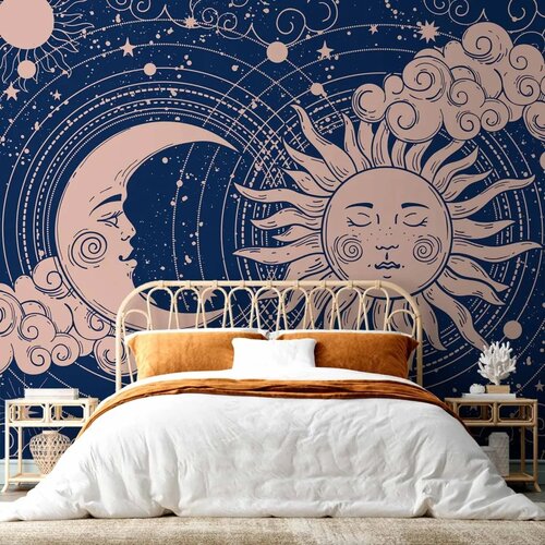  Foto tapeta - Cosmic Harmony - Illustration of the Sun and Moon on a Navy Background 196x140 Samoljepljiva Cene