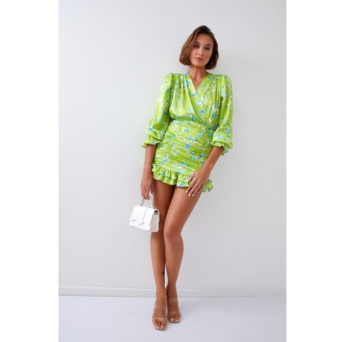 Fasardi Fitted floral dress with lime draping Slike