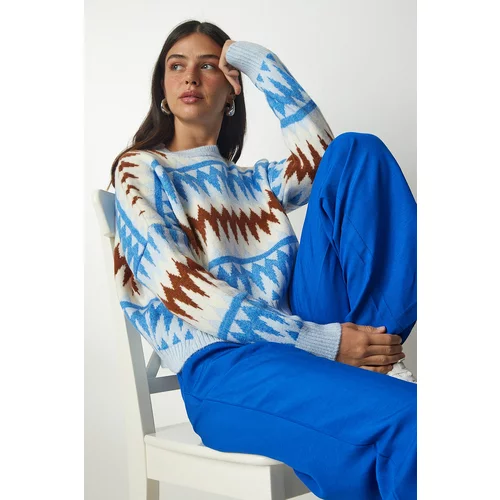 Happiness İstanbul Women's Blue Patterned Knitwear Sweater