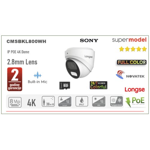 Full Color POE Dome IP Kamera Longse 8MP 2.8mm 25m IR + Mikrofon Cijene