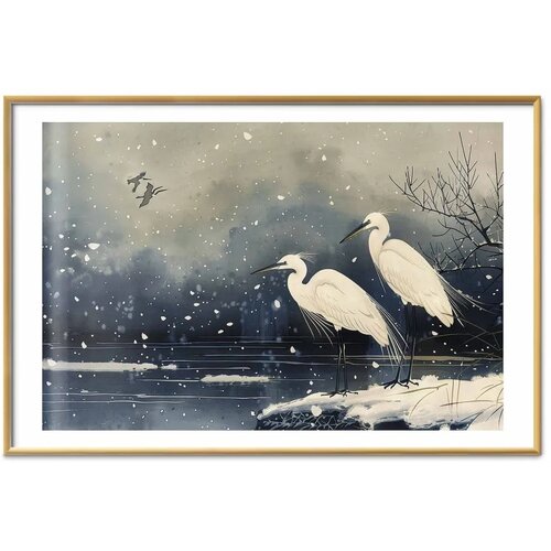  Plakat - Herons over a Winter Pond - illustration in the Japanese style in dark colors 60x40 Zlatni okvir s margom Slike