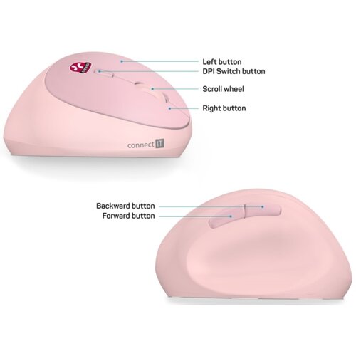 Connect IT CMO-2600-PK - Ergonomski bežični mi&amp;scaron; 800/1200/1600 DPI 1xAA roze Slike