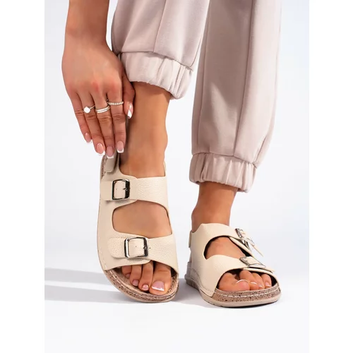 Shelvt Beige comfortable women's sandals with buckles