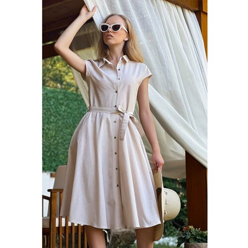 Trend Alaçatı Stili Women's Beige Sleeveless Linen Woven Shirt Dress Cene