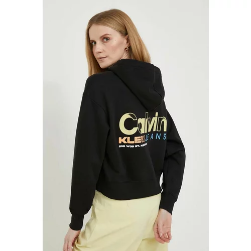 Calvin Klein Jeans Bombažen pulover ženska, črna barva, s kapuco