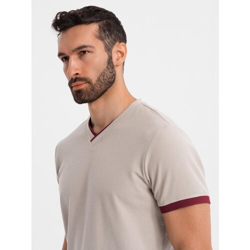Ombre Men's T-shirt with contrasting inserts and v-neck - beige Cijene