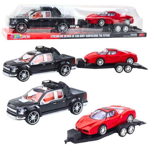  Set terenskog vozila s prikolicom i sportskim automobilom - 59cm - crveno/crni Cene