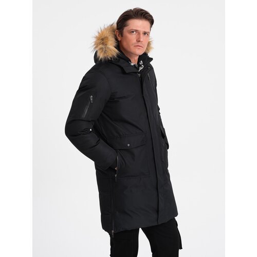 Ombre Alaskan men's winter jacket with detachable fur from the hood - black Cene