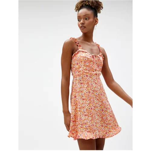 Koton Mini Floral Dress With Straps, Frilled Tie Detail Viscose.
