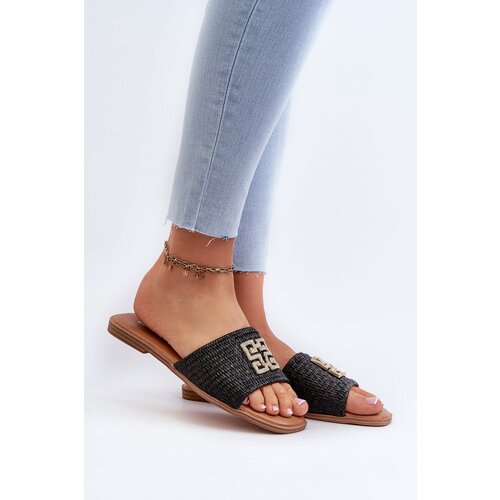 PE1 Flat Women's Sandals with Weave and Decoration Black Omenna Cene