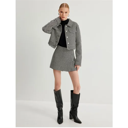 Koton Tweed Crop Jacket Houndstooth Patterned Shirt Collar Pearl Buttons