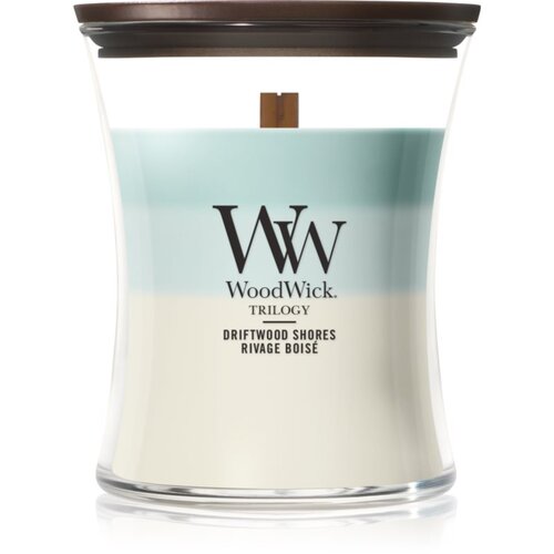 WoodWick Trilogy Driftwood Shores dišeča sveča z lesenim stenjem 275 g Cene
