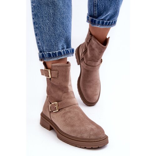 Boto Women's Flat Heel Boots with Buckles Dark Beige Bliggore Cene