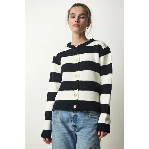  Women's Black and White Stylish Buttoned Striped Knitwear Cardigan