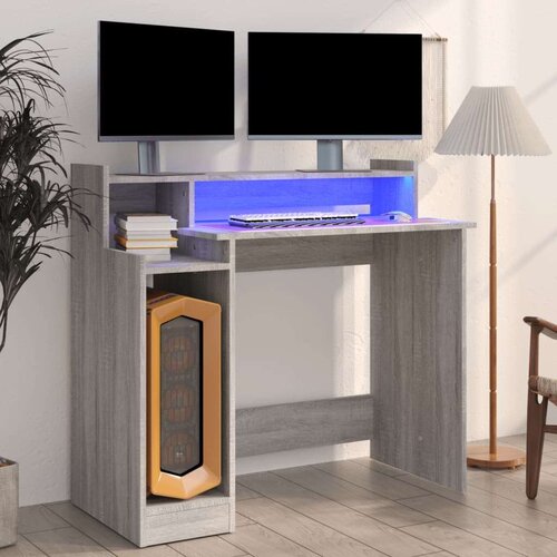 vidaXL radni stol s led svjetlima siva boja hrasta 97x45x90 cm drveni Cene