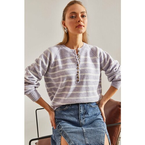 Bianco Lucci Women's Buttoned Collar Turtleneck Striped Knitwear Sweater Cene