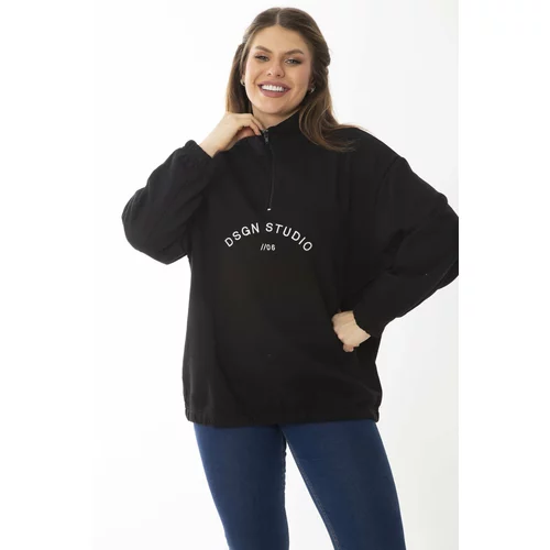 Şans Women's Plus Size Black Inner Raising Front Patties Zipper And Embroidery Detail Sweatshirt