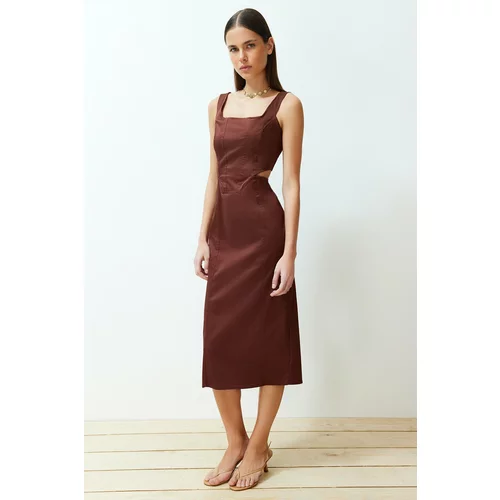 Trendyol Brown Wrap-around Cut Out Detail Square Neck Woven Midi Dress