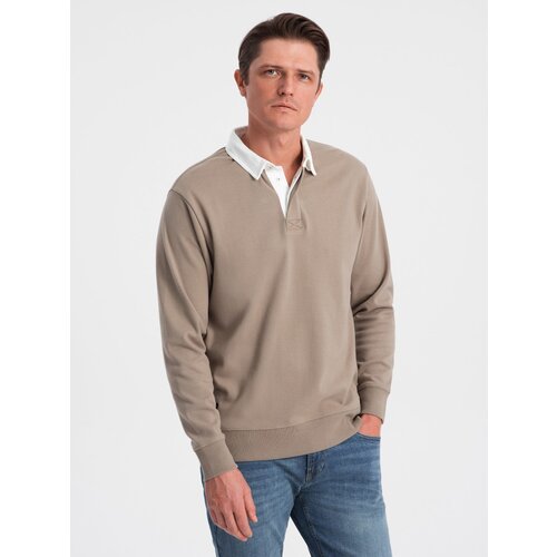 Ombre Men's sweatshirt with white polo collar - dark beige Cene