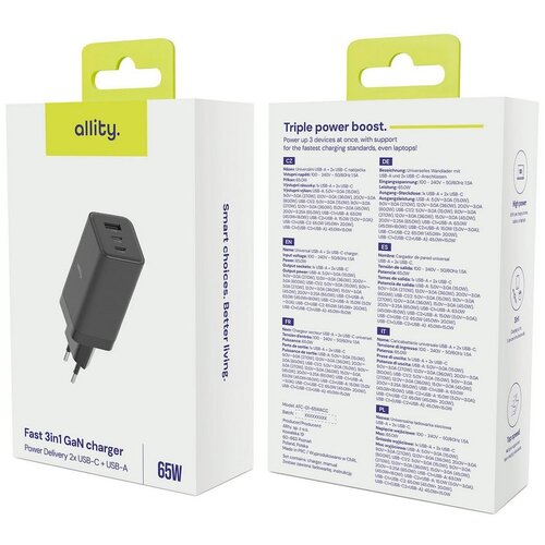 ALLITY punjač za zid USB-C 1x USB-A 65W crni Slike