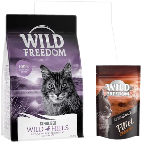 Wild Freedom suha mačja hrana 6,5 kg + Filet Snacks piščanec 100 g gratis! - Adult "Wild Hills" Sterilised raca - brez žit + Filet Snacks piščanec