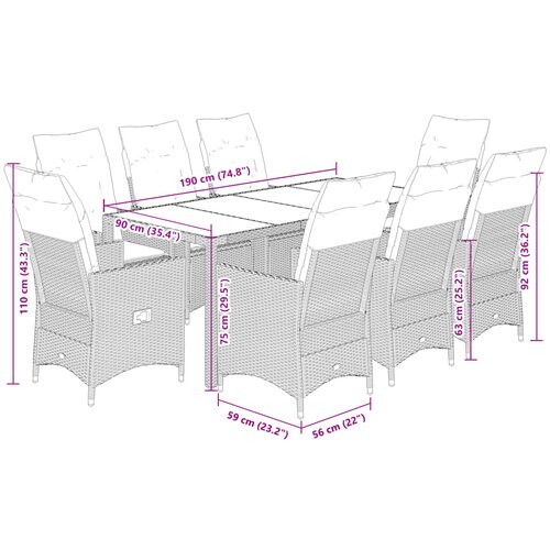  9-dijelni vrtni blagovaonski set s jastucima poliratan smeđi Smeđa 190 x 90 x 75 cm Slike