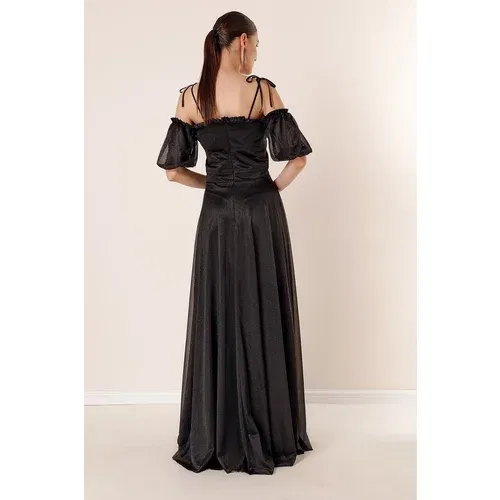 By Saygı Pleated Collar With Balloon Sleeves Lined Glittery Long Dress Black