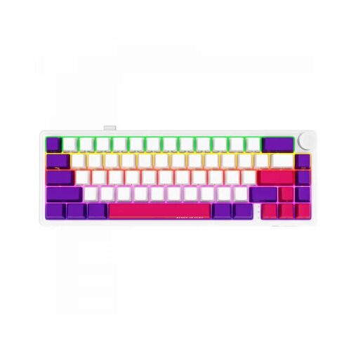 Lorgar Wireless mechanical gaming keyboard Pro, 2.4 GHz, BT, RGB Backlight, 16 modes, 66 keys, 50M presses, linear Toxic Purple switches, multimedia knob, built-in 3750 mAh battery, Hot Swap, Gasket mount, spring cable 2.3m, white red purple Cene