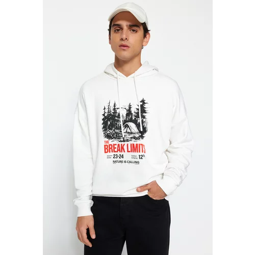 Trendyol Ecru Men's Oversized Fit Hoodie Outdoor Printed Sweatshirt.
