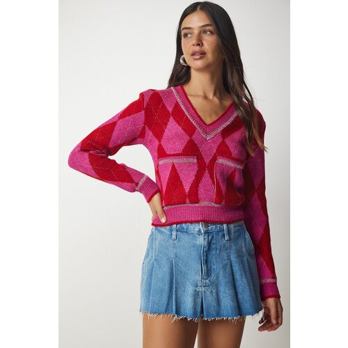  Women&amp;#039;s Fuchsia Red Diamond Patterned Knitwear with Pockets Sweater Slike