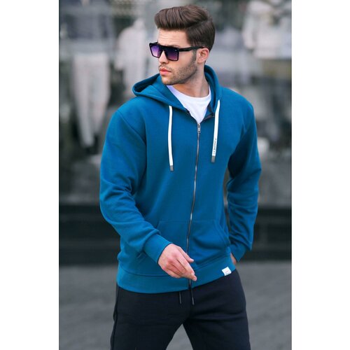 Madmext Petrol Blue Zipper Hooded Sweatshirt 6161 Cene