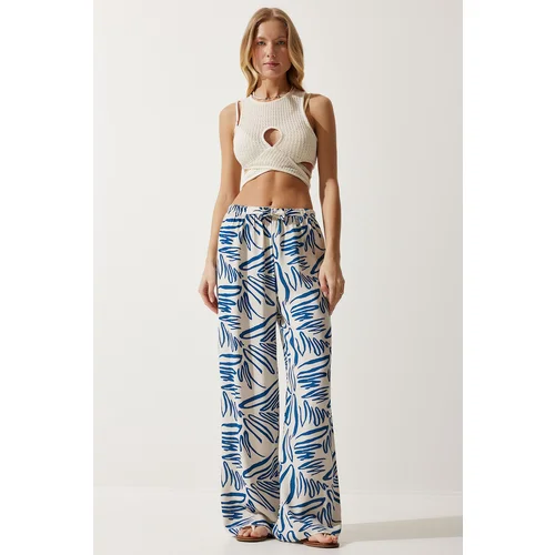  Women's Cream Navy Blue Patterned Flowy Viscose Palazzo Trousers