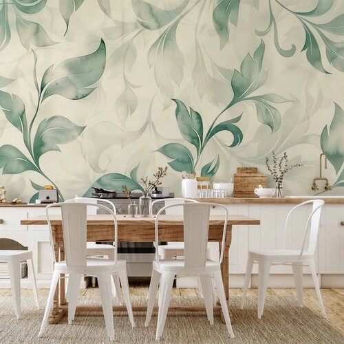  Foto tapeta - Watercolor Botanical Motif Delicate Green-Beige Leaves 150x105 Vodootporna Slike