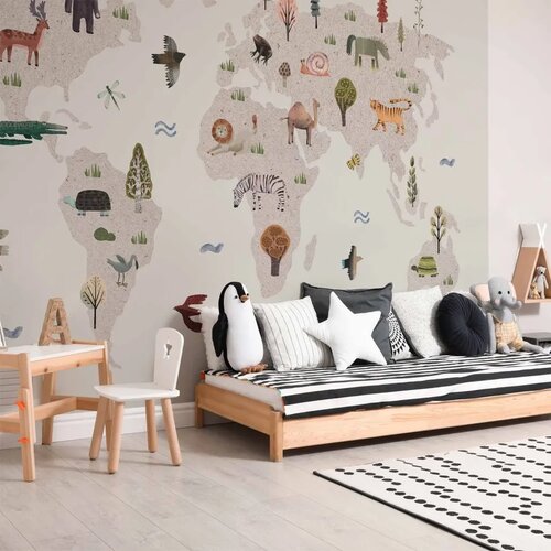  Foto tapeta - Beige World - Continents With Animals in Muted Colours 350x256 Vodootporna Slike