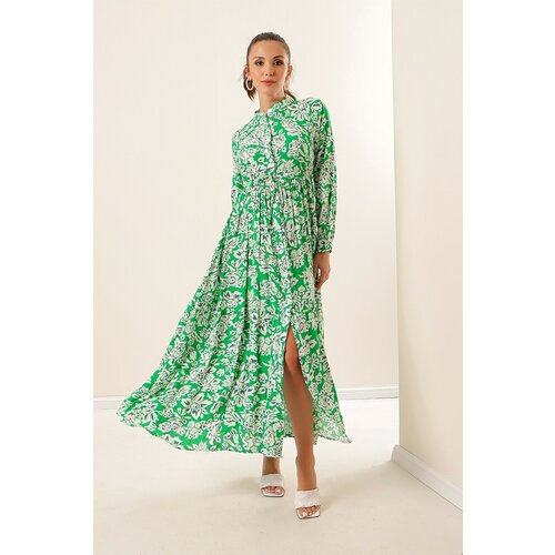 By Saygı Buttoned Up Front, Tie Waist Floral Long Viscose Dress. Wide Sizes in Saks. Slike