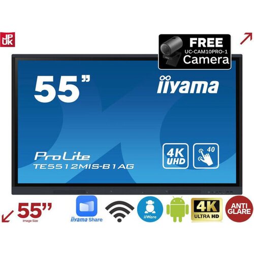 Iiyama 55" iiWare10 , android 11, 40-Points puretouch ir with zero bonding, 3840x2160, uhd ips panel, metal housing, fan-less, speakers 2x 16W front, vga, hdmi 3x hdmi-out, usb-c with 65W pd (front), audio mini-jack and optical out (s/pdif), usb touch inter Cene