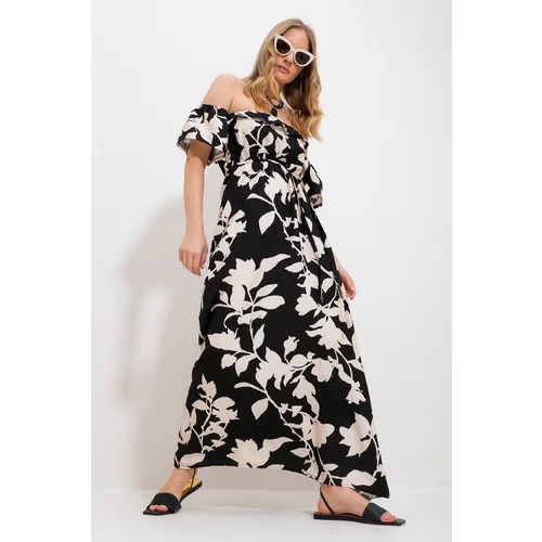 Trend Alaçatı Stili Women's Black Madonna Collar Floral Patterned Tie Maxi Length Dress