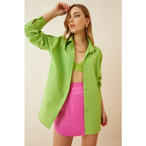  Women's Pistachio Green Oversize Long Basic Shirt