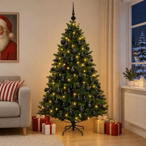  Umjetno božićno drvce s kuglicama 180 cm 300 LED lampica - Zelena 180 cm s LED-ima i crnim lopticama Cene