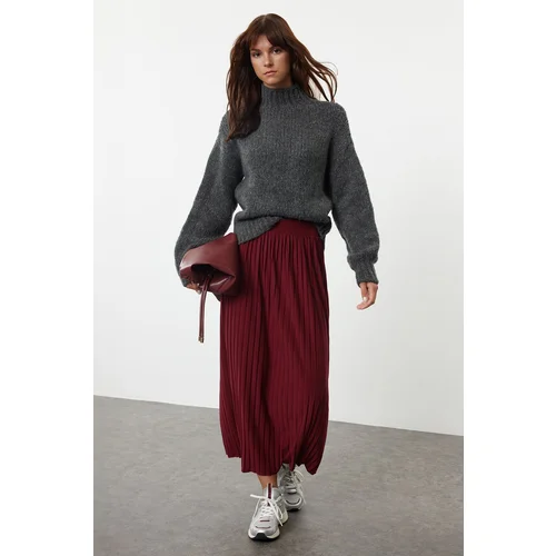 Trendyol Burgundy High Waist Pleated Stretchy Maxi Knitted Skirt