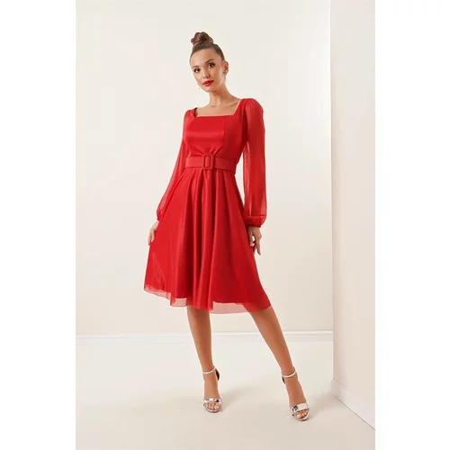 By Saygı Square Neck Belted Balloon Sleeves Lined Glittery Dress Red